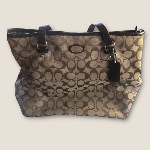 Authentic Coach Jacquard Monogram Tote Purse Brown Tan with Leather Trim - Picture 3 of 15